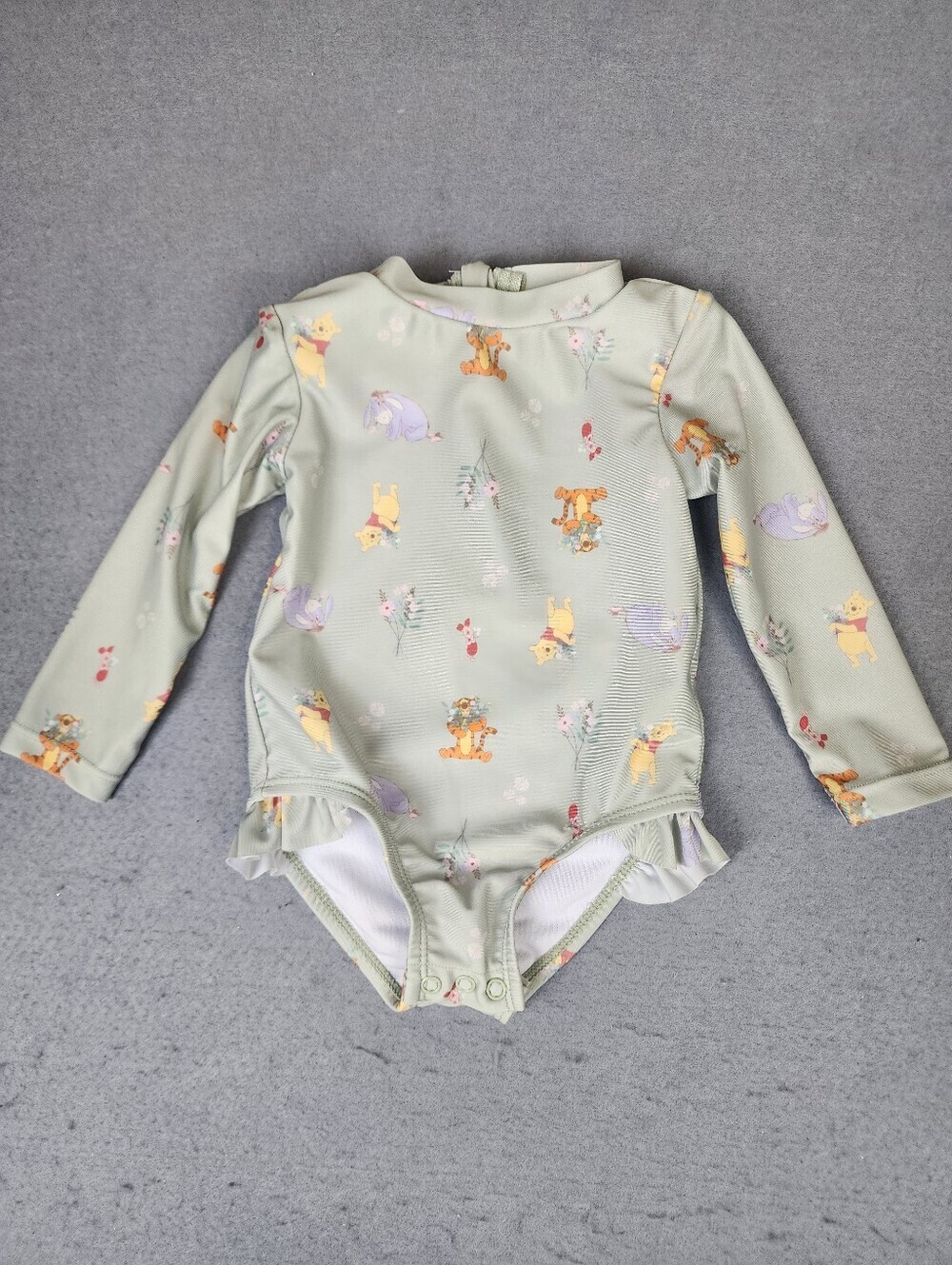 Disney Baby Long-Sleeve Green Winne The Pooh Print One-Piece Swimsuit 9M